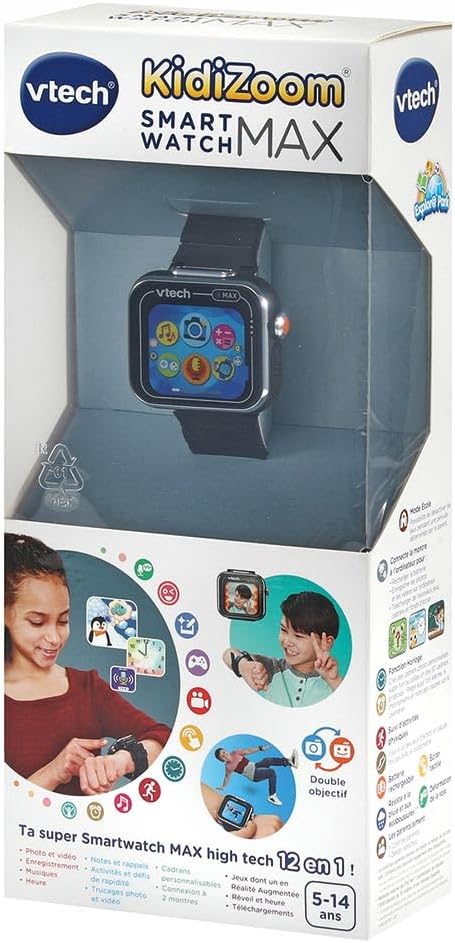 VTech - KidiZoom SmartWatch Max Noire, Montre Digitale Enfant, Photo, Selfie, Vidéo, Écran Tactile Horizontal, Jouet High-Tech, Cadeau Enfant et Ado de 5 Ans à 14 Ans - Contenu en Français