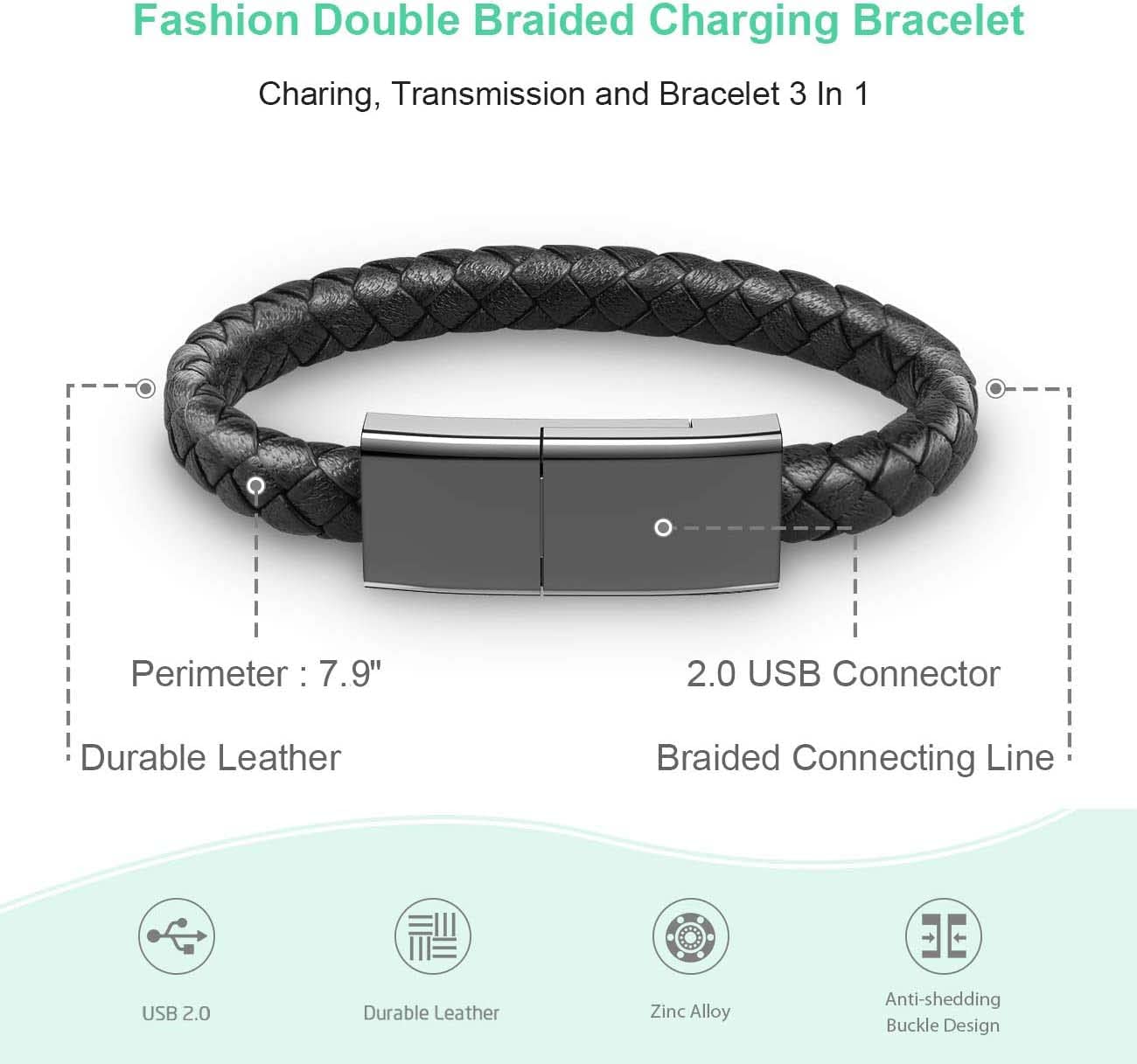 High-Tech Gadget Câble USB C Bracelet Chargeur 22.5 cm Court Portatif voyager Cable Cuir Tressé Rapide Type C Charge Cable pour S amsung Galaxy Xperia XZ Android (USB-USB C, 22.5cm)