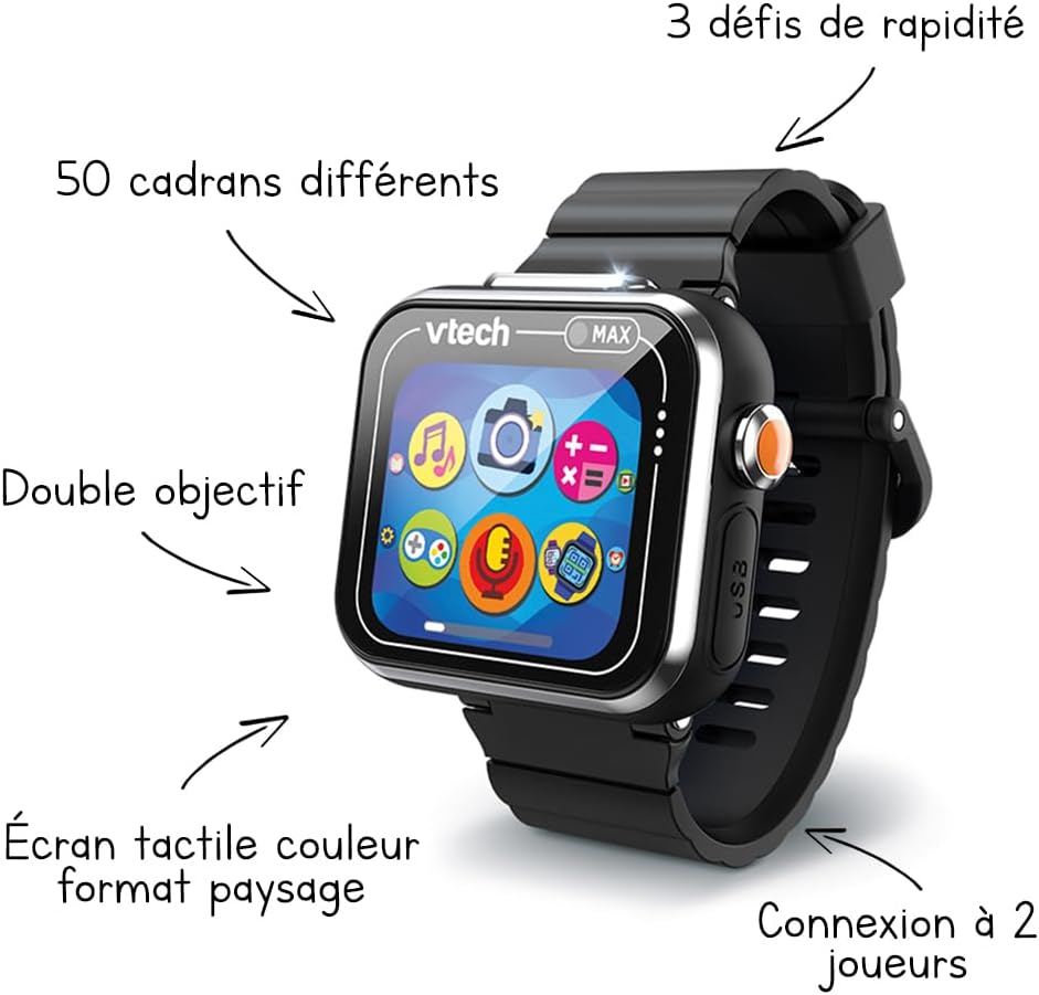 VTech - KidiZoom SmartWatch Max Noire, Montre Digitale Enfant, Photo, Selfie, Vidéo, Écran Tactile Horizontal, Jouet High-Tech, Cadeau Enfant et Ado de 5 Ans à 14 Ans - Contenu en Français