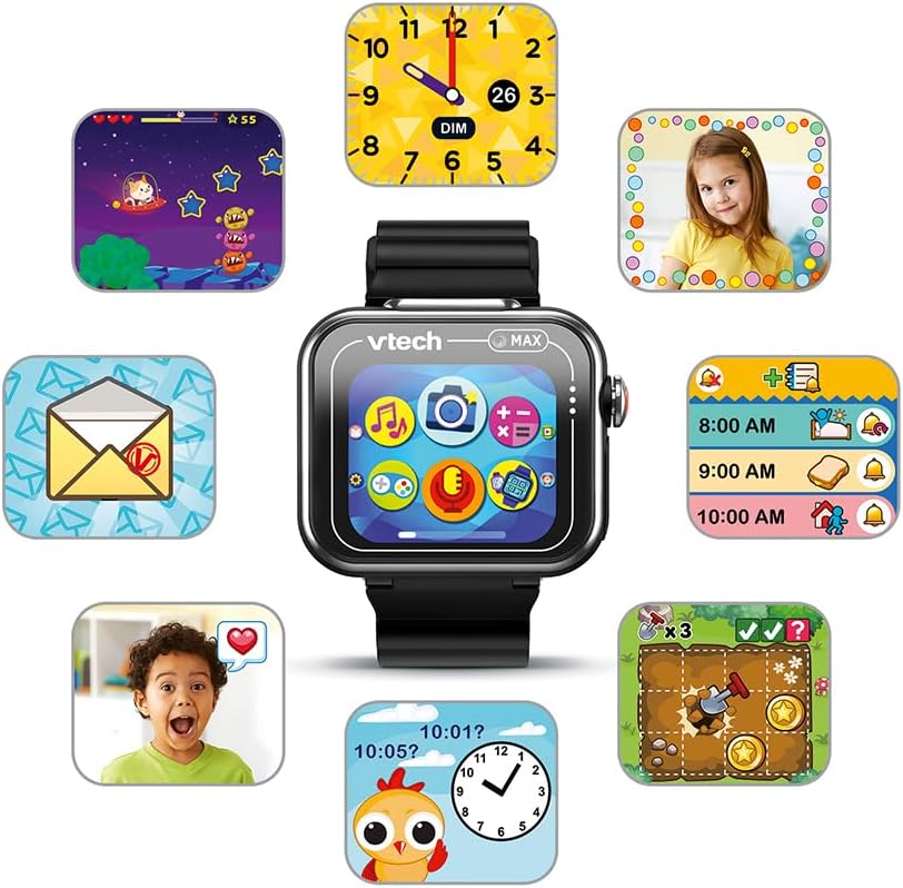 VTech - KidiZoom SmartWatch Max Noire, Montre Digitale Enfant, Photo, Selfie, Vidéo, Écran Tactile Horizontal, Jouet High-Tech, Cadeau Enfant et Ado de 5 Ans à 14 Ans - Contenu en Français